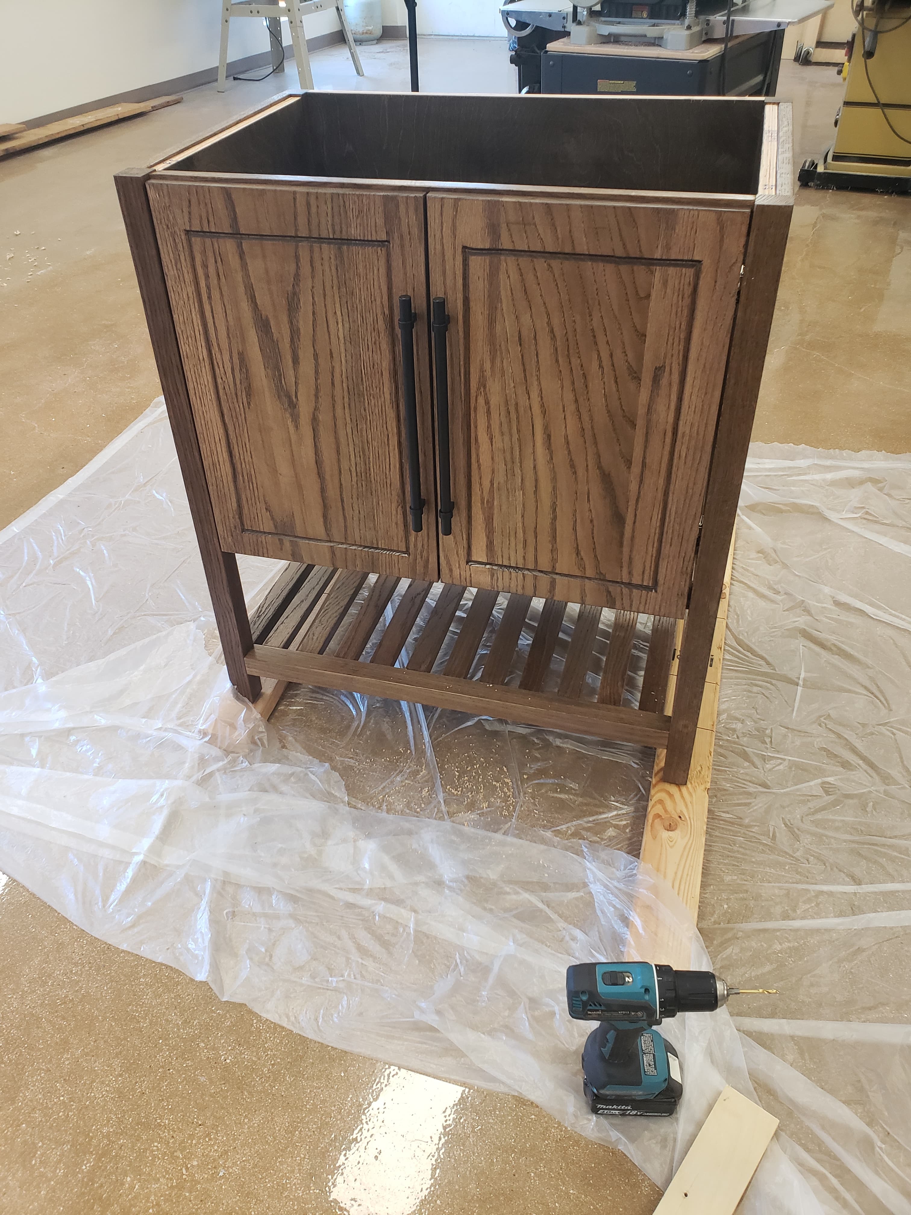 Custom walnut vanity under construction in workshop - San Antonio TX