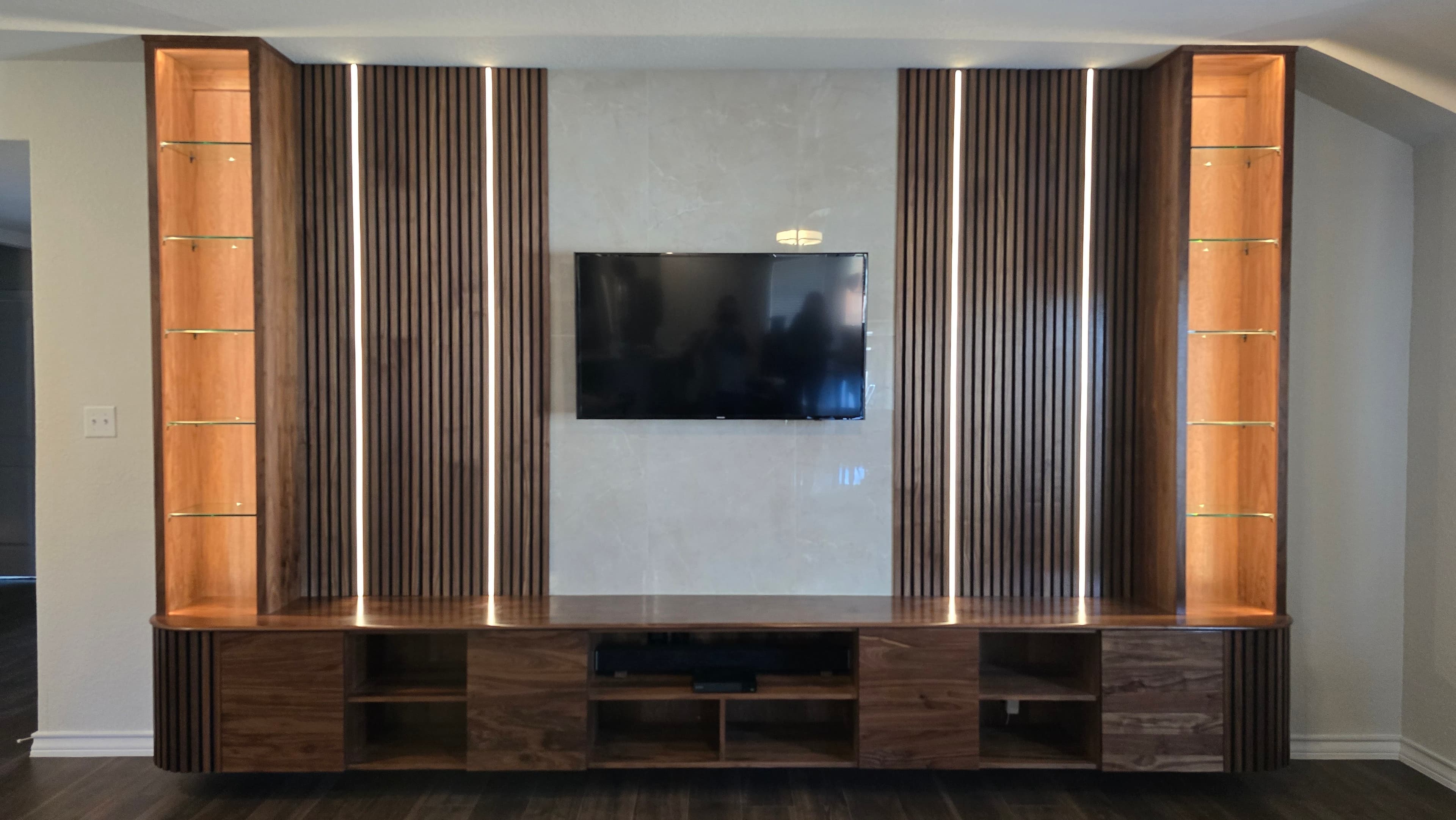 Floating Walnut Media Wall, Front View in Alamo Ranch, San Antonio, TX