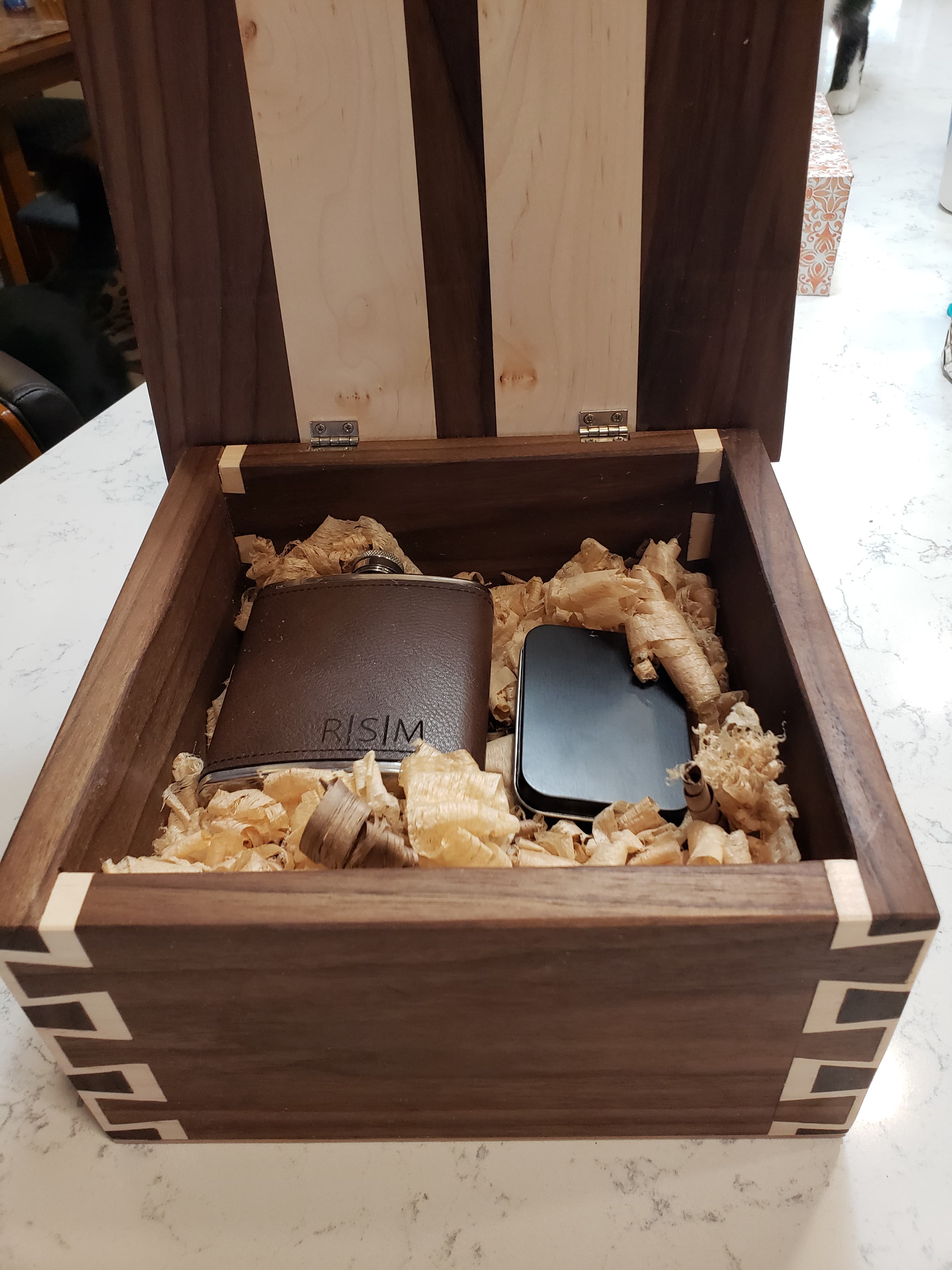 Custom wooden box with maple inlay details - San Antonio carpentry