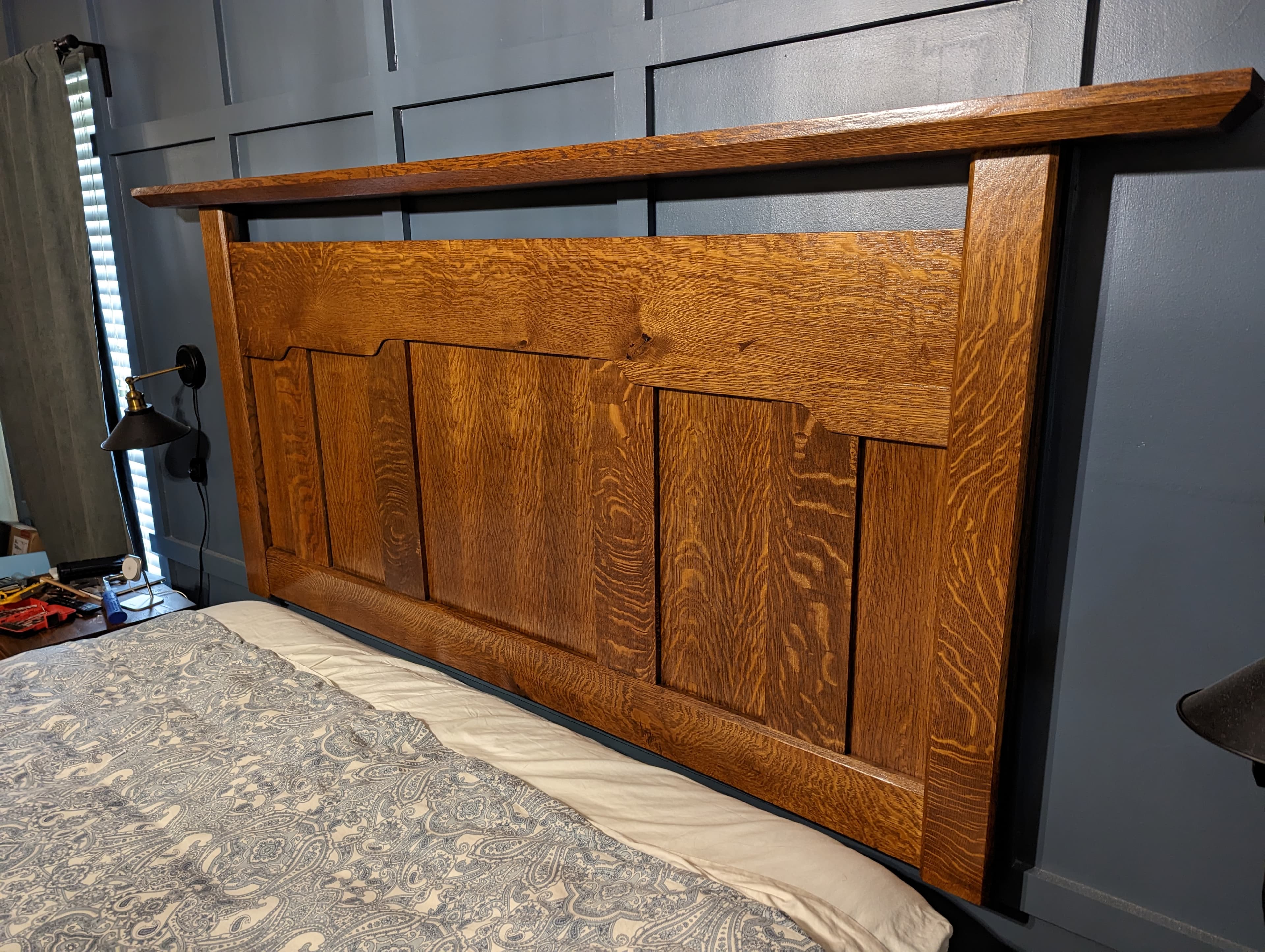 Handcrafted quartersawn oak panel headboard with floating top rail
