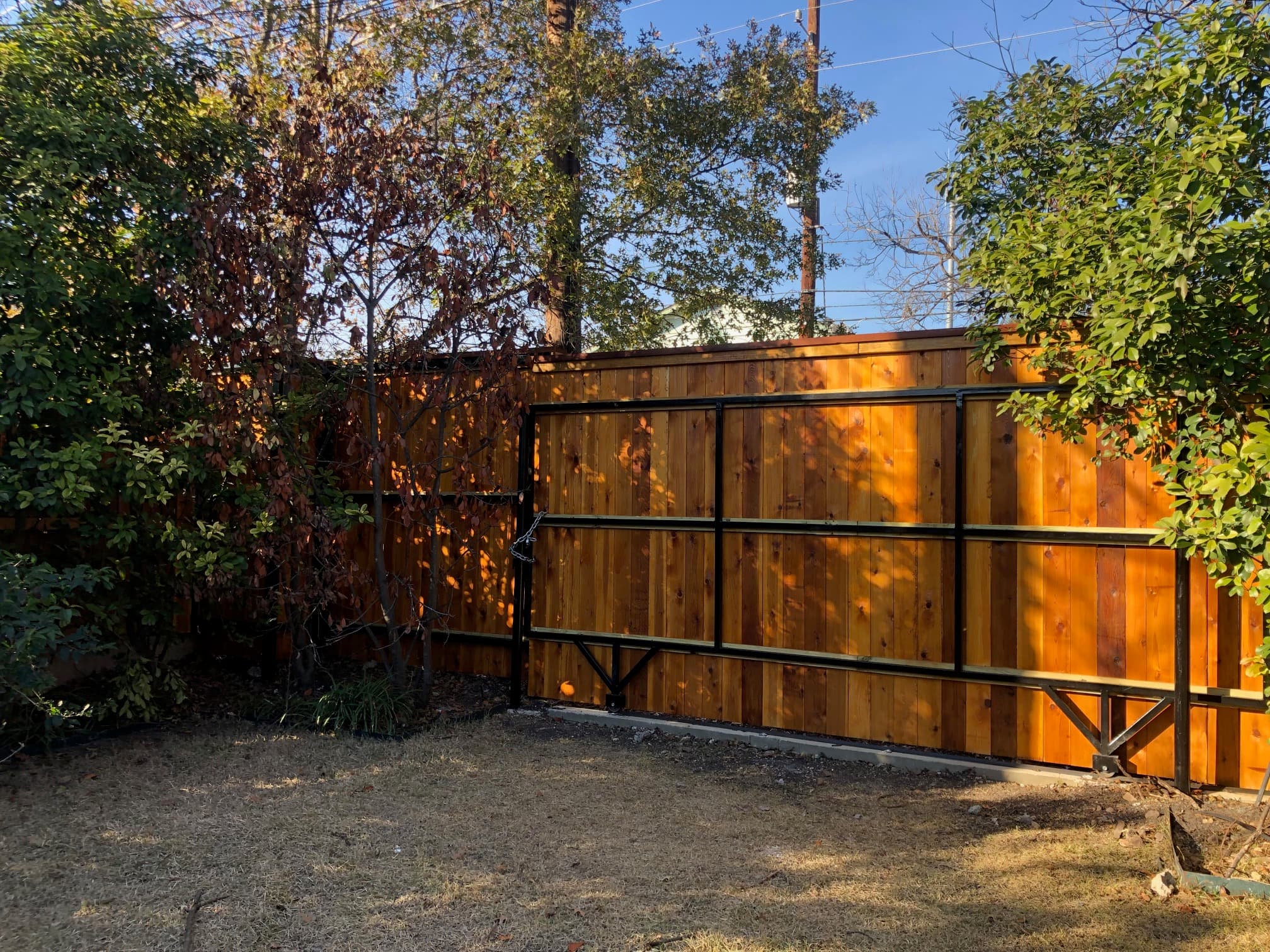 Vertical cedar privacy fence with a steel-framed gate and diagonal cross bracing