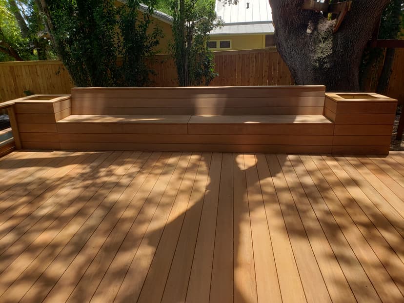 Ipe deck with a built-in bench and planters
