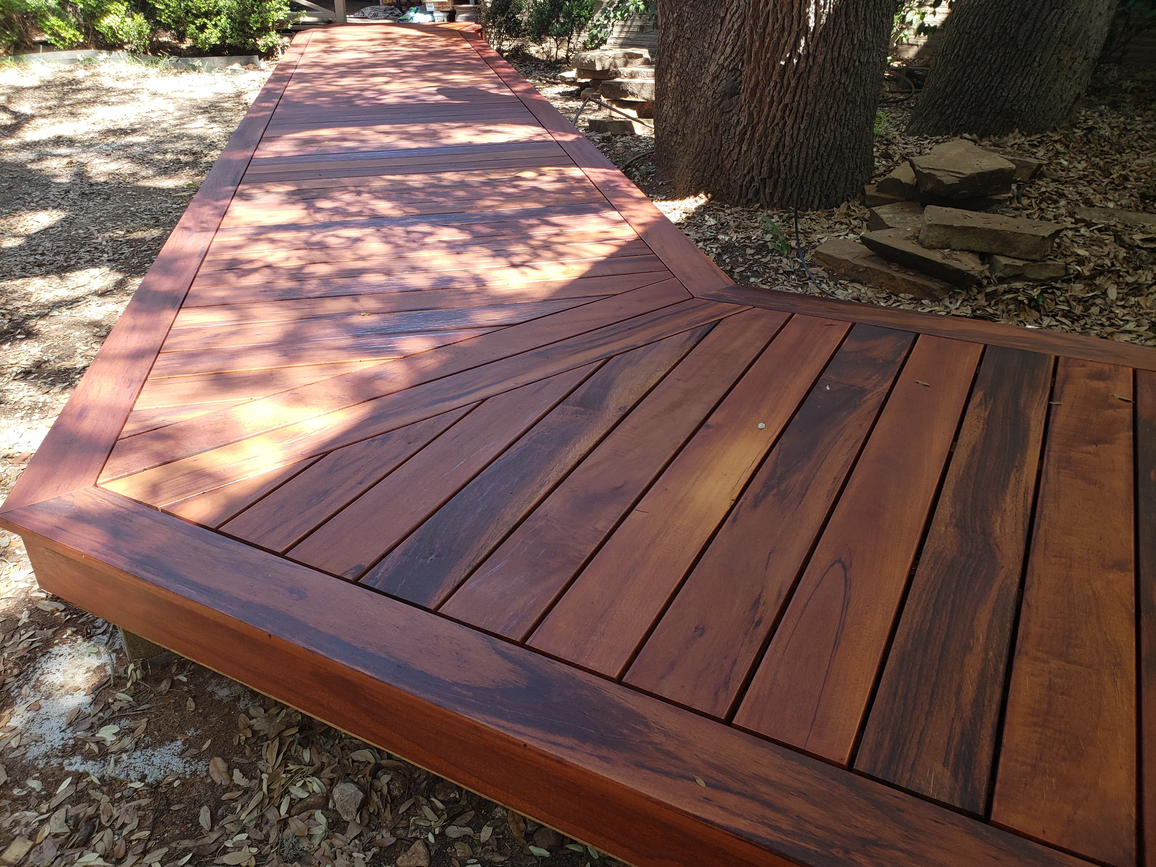Professional outdoor living project featuring ipe deck corner detail view
