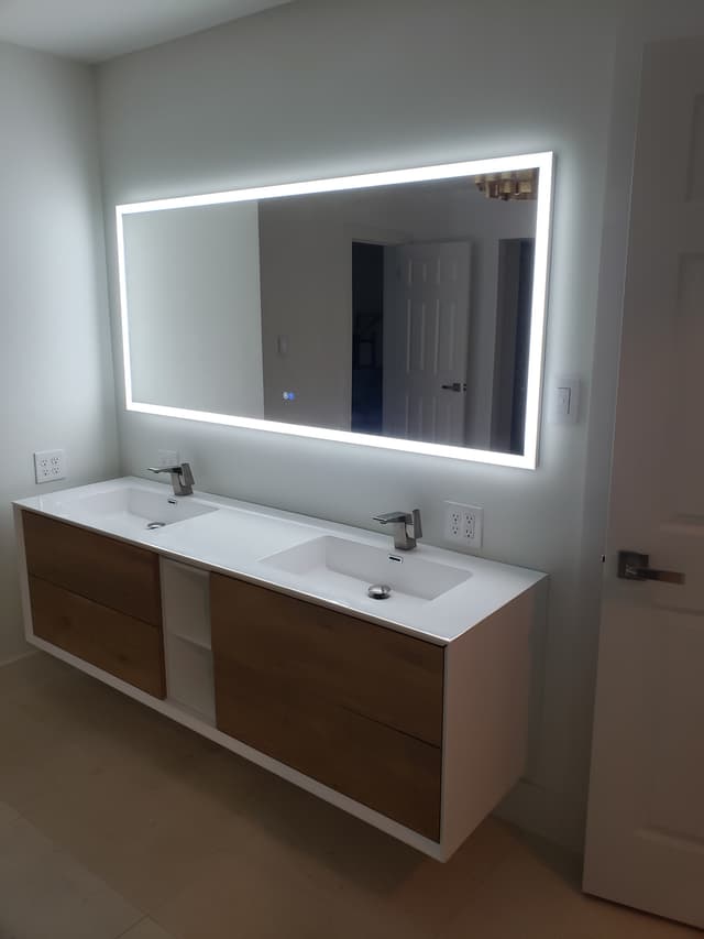 Modern floating bathroom vanity with dual sinks San Antonio